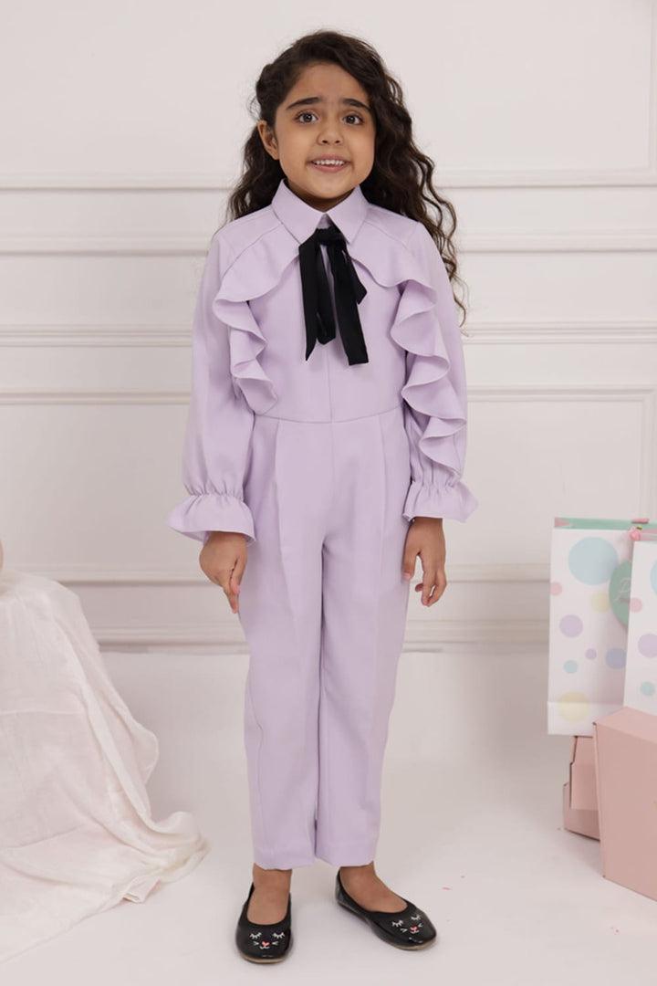 Lilac Ruffle Jumpsuit with Black Tie up – Purple Kids Jumpsuit | PNK – Isha Arora India