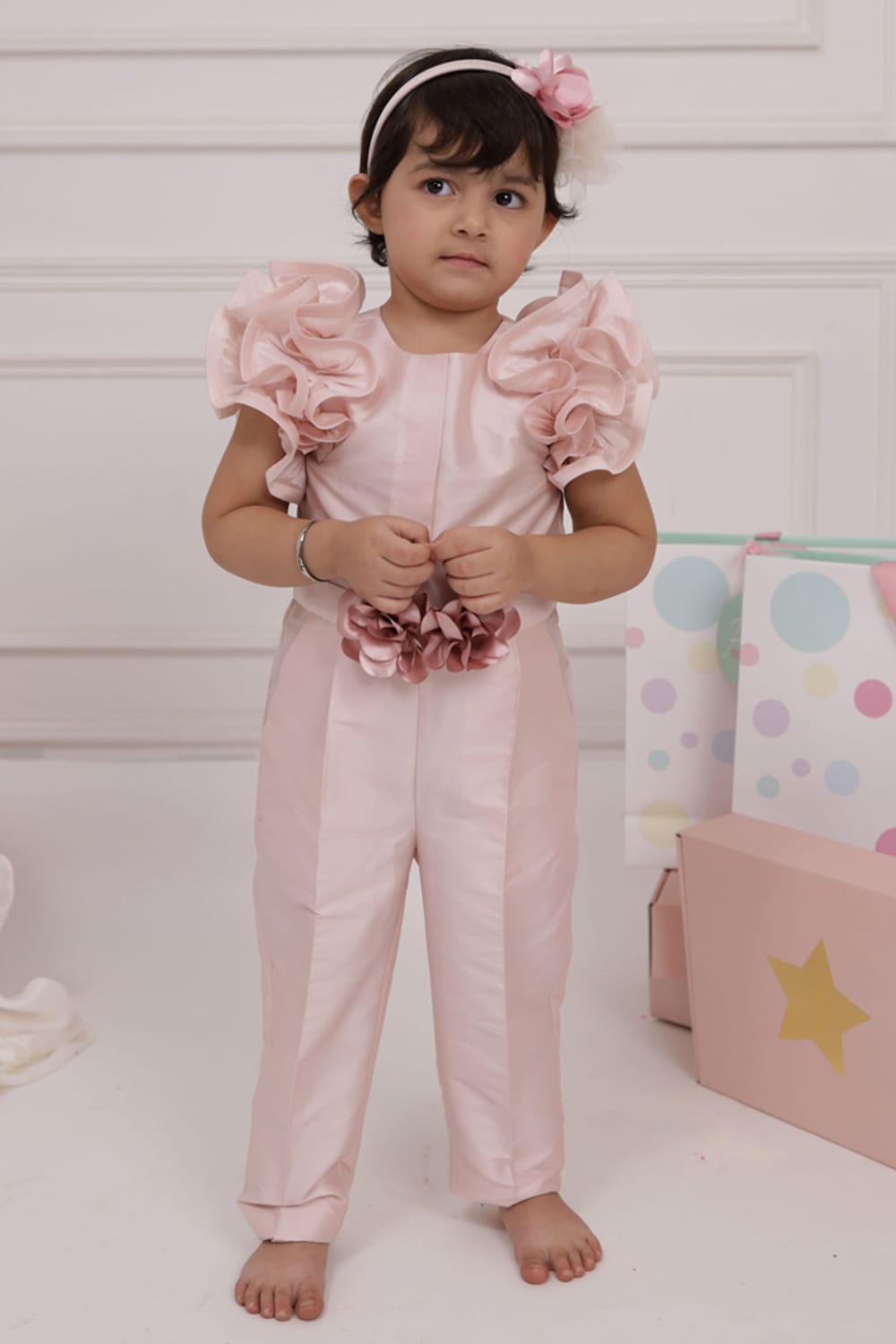 Soft Pink Ruffle Sleeve Jumpsuit – Pink Kids Jumpsuit | PNK – Isha Arora India