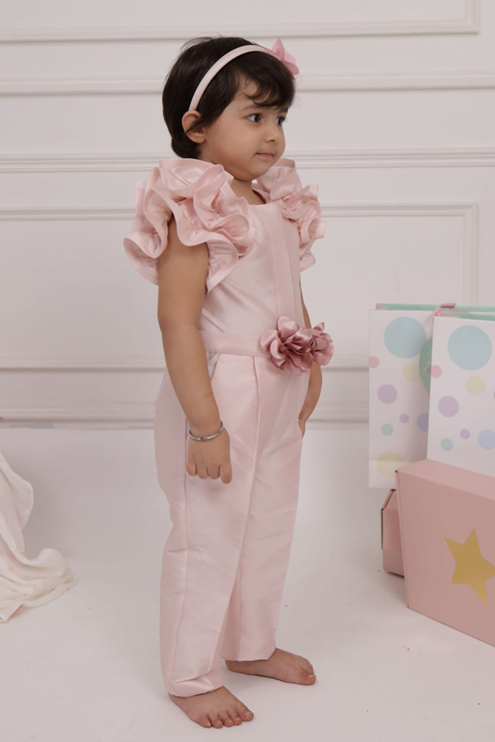 Soft Pink Ruffle Sleeve Jumpsuit – Pink Kids Jumpsuit | PNK – Isha Arora India