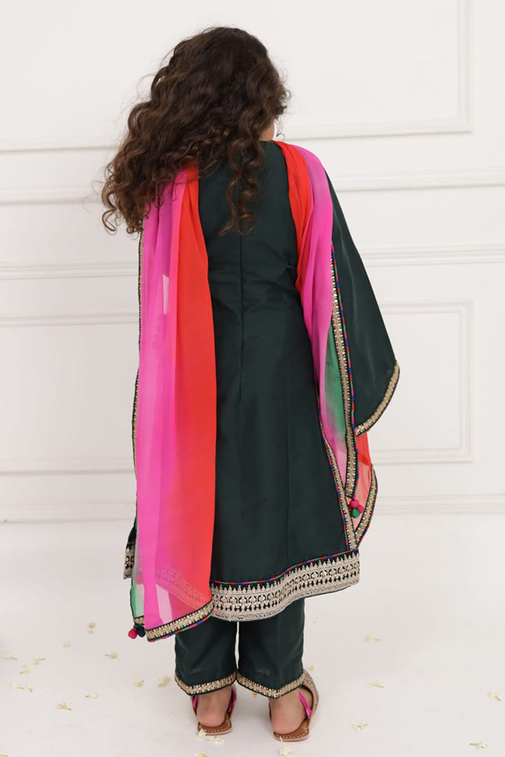 Bottle Green Long Kurta Set – Green Kids Kurta Set | PNK – Isha Arora India