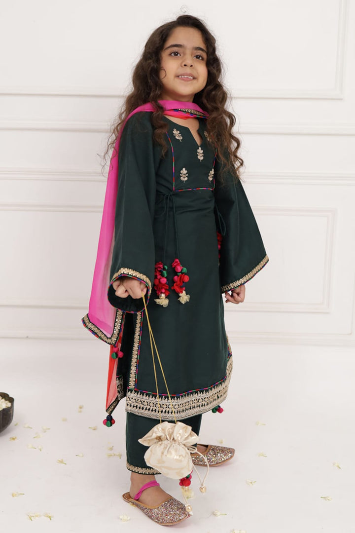 Bottle Green Long Kurta Set – Green Kids Kurta Set | PNK – Isha Arora India