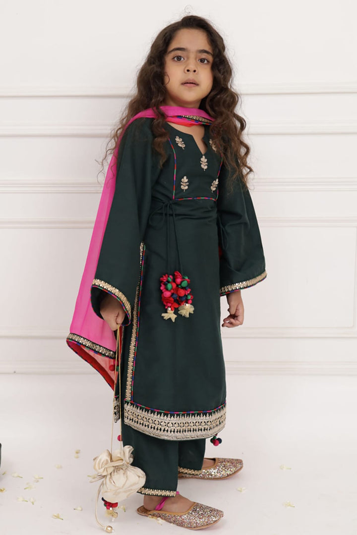 Bottle Green Long Kurta Set – Green Kids Kurta Set | PNK – Isha Arora India