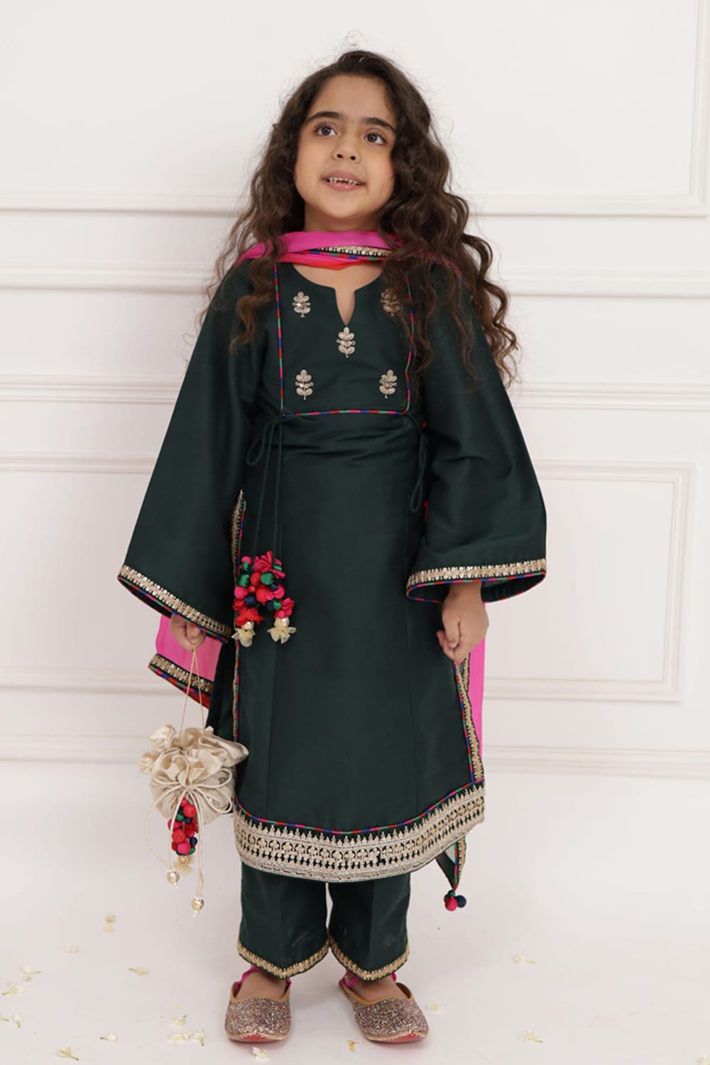 Bottle Green Long Kurta Set – Green Kids Kurta Set | PNK – Isha Arora India