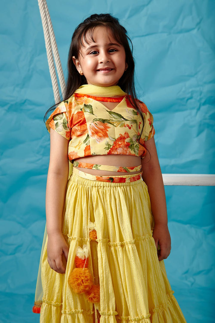 Yellow Floral Print blouse & Lehenga Set – Yellow Kids Lehenga Set | PNK – Isha Arora India