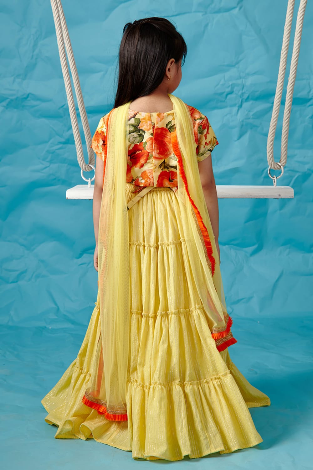 Yellow Floral Print blouse & Lehenga Set – Yellow Kids Lehenga Set | PNK – Isha Arora India