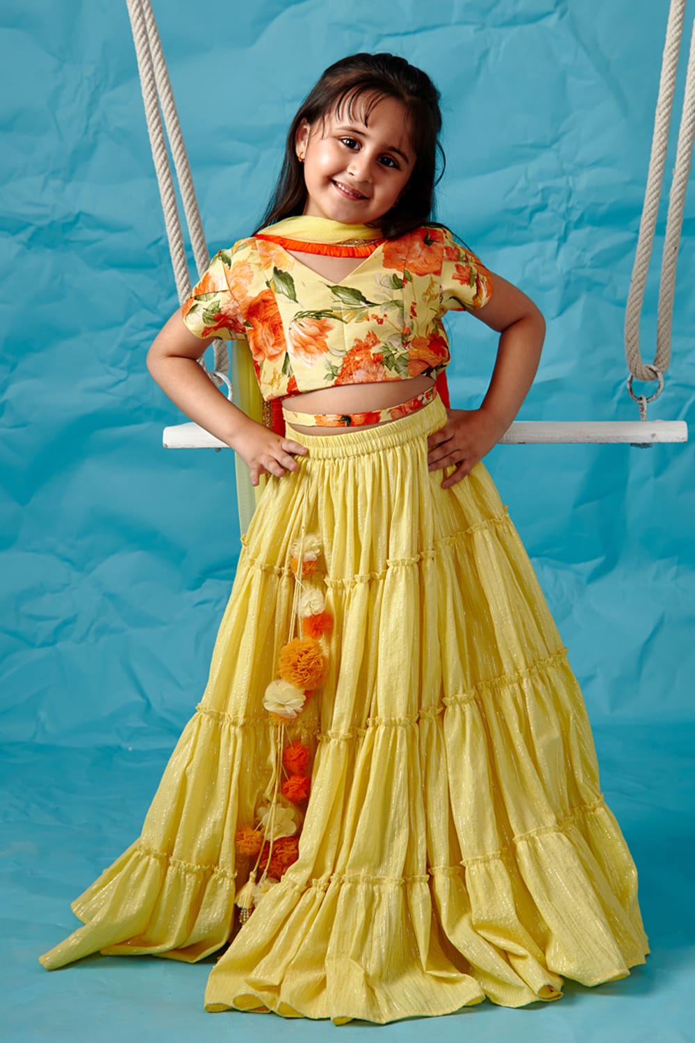 Yellow Floral Print blouse & Lehenga Set – Yellow Kids Lehenga Set | PNK – Isha Arora India