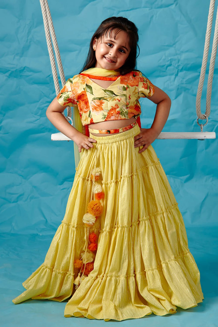 Yellow Floral Print blouse & Lehenga Set – Yellow Kids Lehenga Set | PNK – Isha Arora India