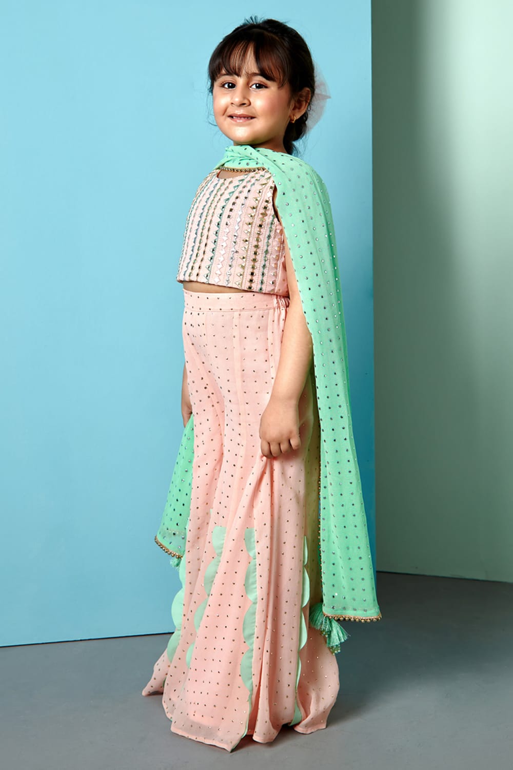 Peach Gold Dots Wide Pants and Crop Top Set – Peach Top & Palazzo Set for Girls | PNK – Isha Arora India