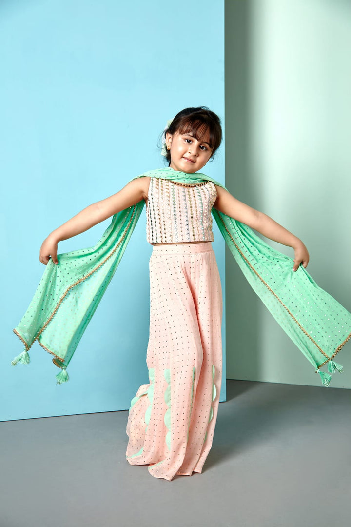 Peach Gold Dots Wide Pants and Crop Top Set – Peach Top & Palazzo Set for Girls | PNK – Isha Arora India