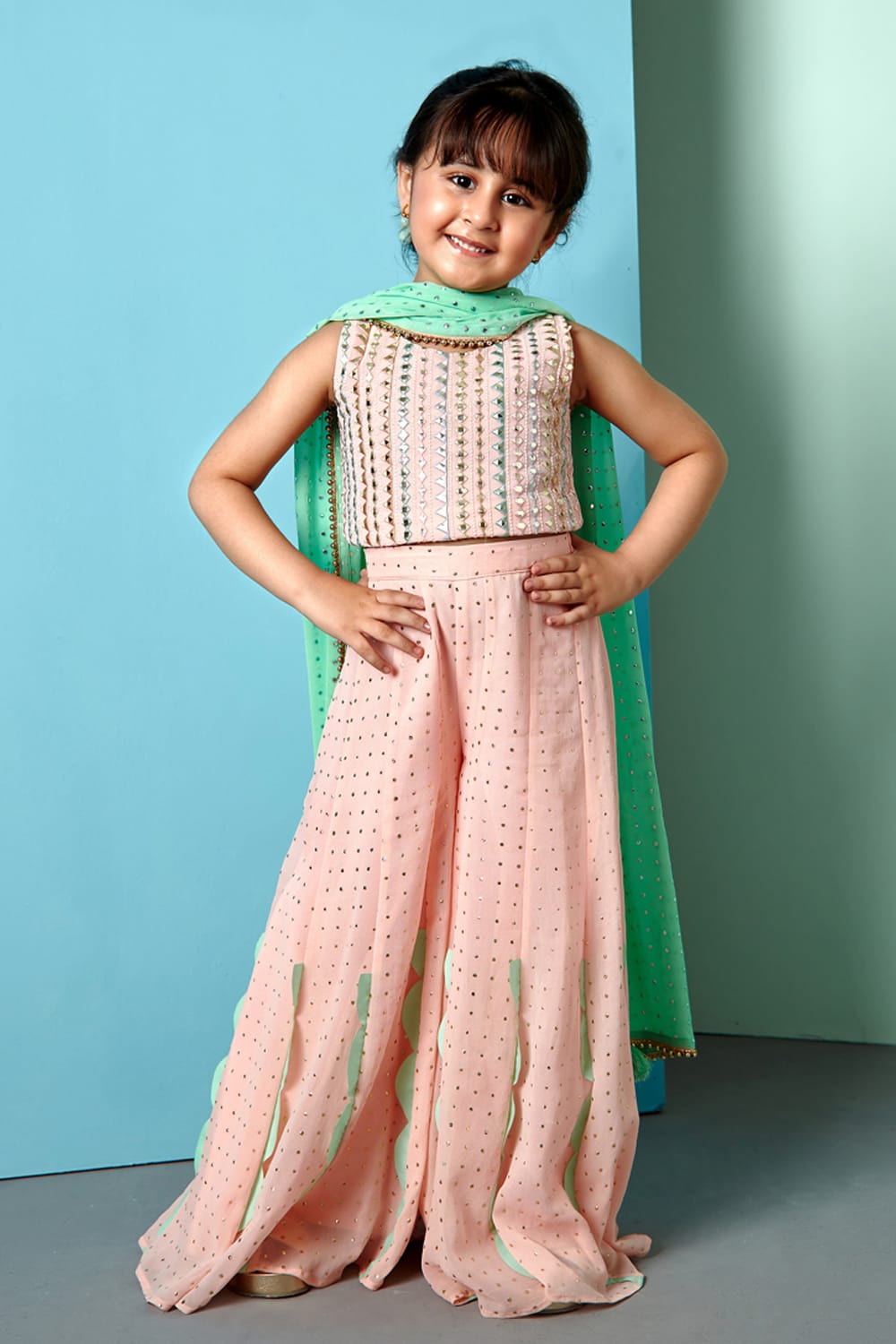 Peach Gold Dots Wide Pants and Crop Top Set – Peach Top & Palazzo Set for Girls | PNK – Isha Arora India