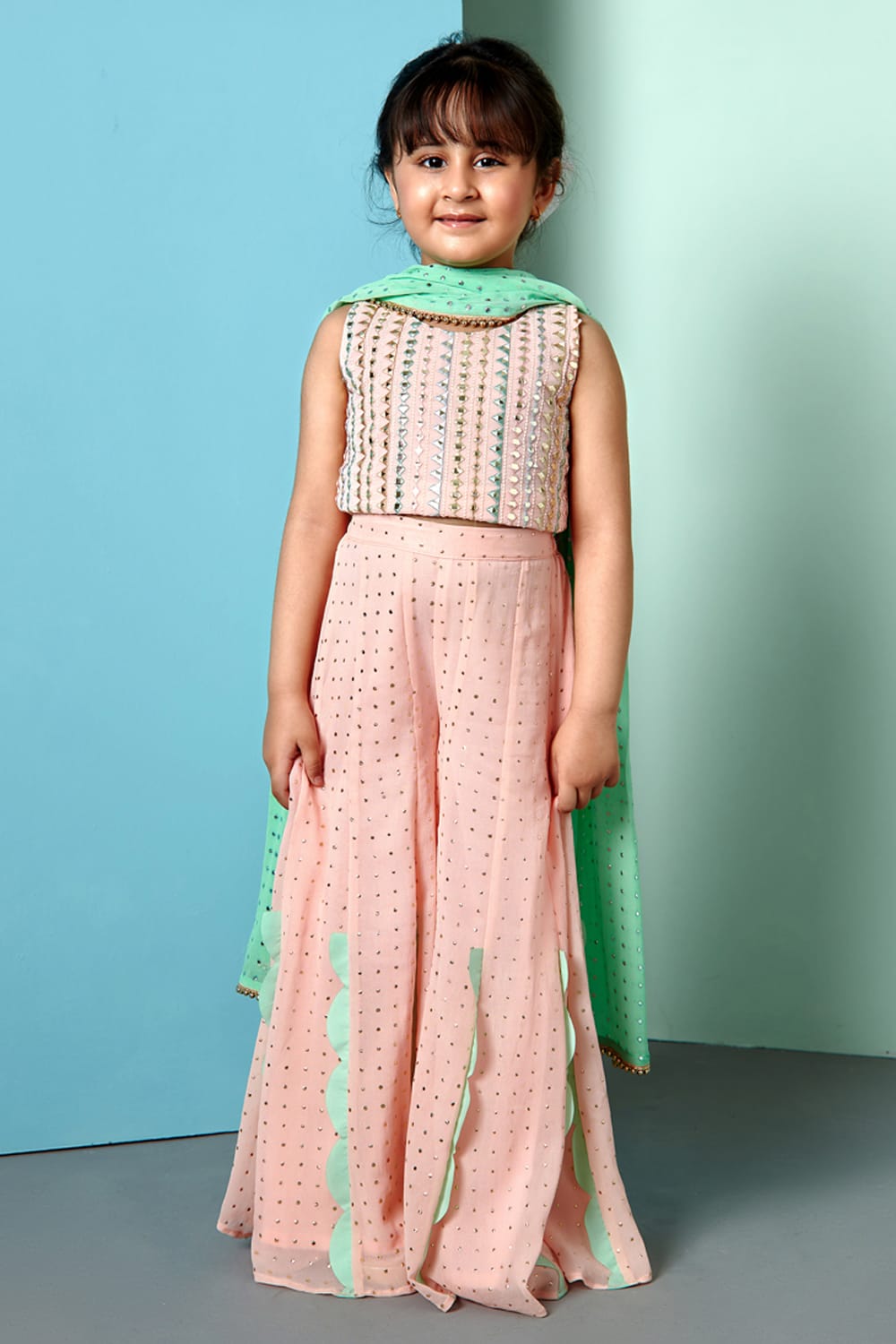 Peach Gold Dots Wide Pants and Crop Top Set – Peach Top & Palazzo Set for Girls | PNK – Isha Arora India