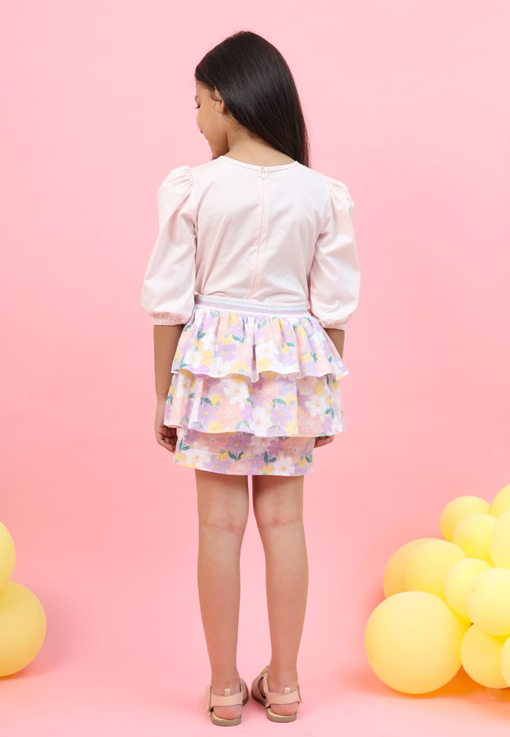 Puff Sleeve Top & Printed Ruffle Skirt Set – Multicolour Top & Skirt Set for Girls | PNK – Isha Arora India