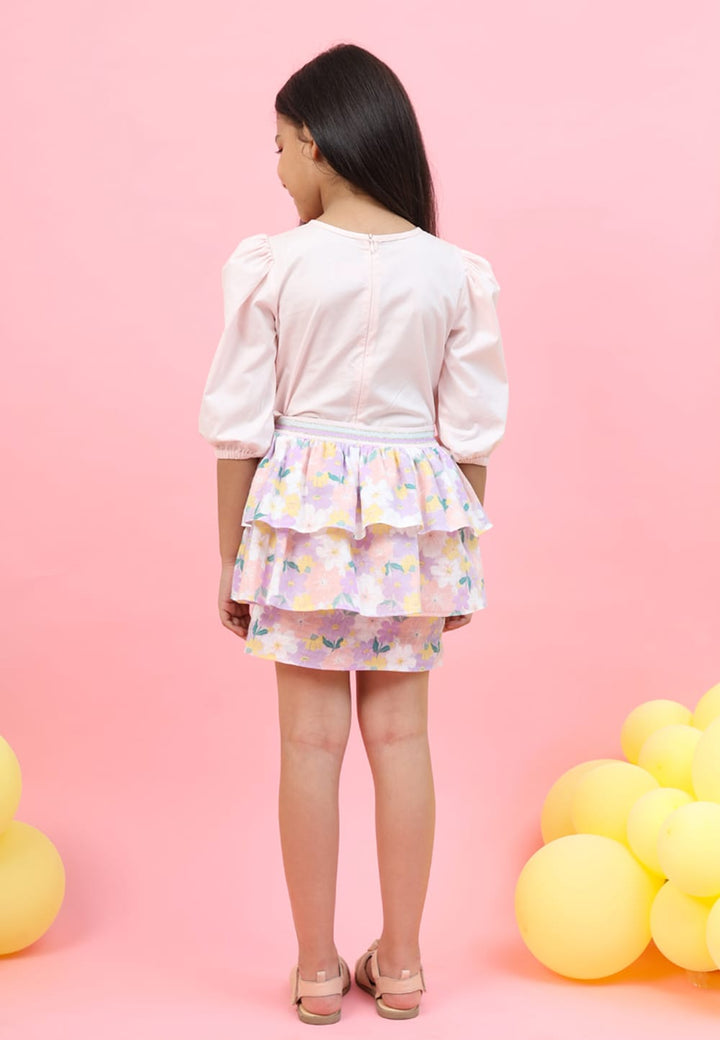 Puff Sleeve Top & Printed Ruffle Skirt Set – Multicolour Top & Skirt Set for Girls | PNK – Isha Arora India