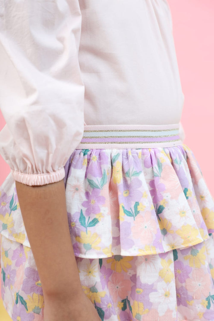 Puff Sleeve Top & Printed Ruffle Skirt Set – Multicolour Top & Skirt Set for Girls | PNK – Isha Arora India
