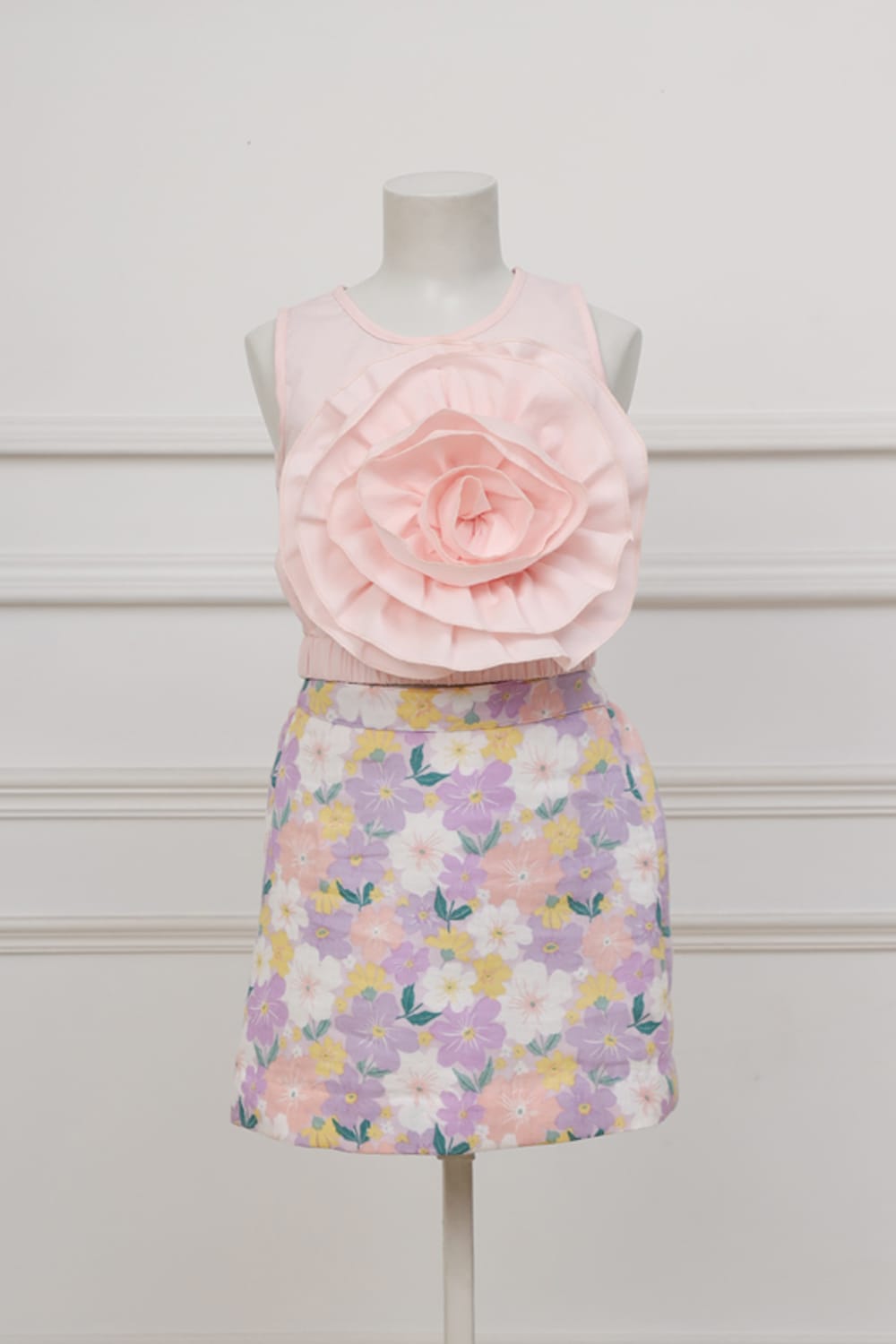 Ruffle Flower Crop Top & Pastel Print Skirt Set – Multicolour Top & Skirt Set for Girls | PNK – Isha Arora India