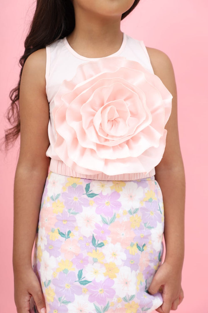 Ruffle Flower Crop Top & Pastel Print Skirt Set – Multicolour Top & Skirt Set for Girls | PNK – Isha Arora India