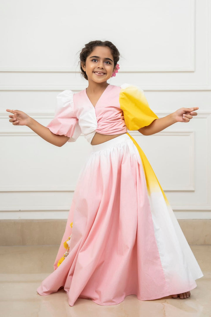 Two Colour Shaded Crop Top & Long Skirt Set – Green Top & Skirt Set for Girls | PNK – Isha Arora India