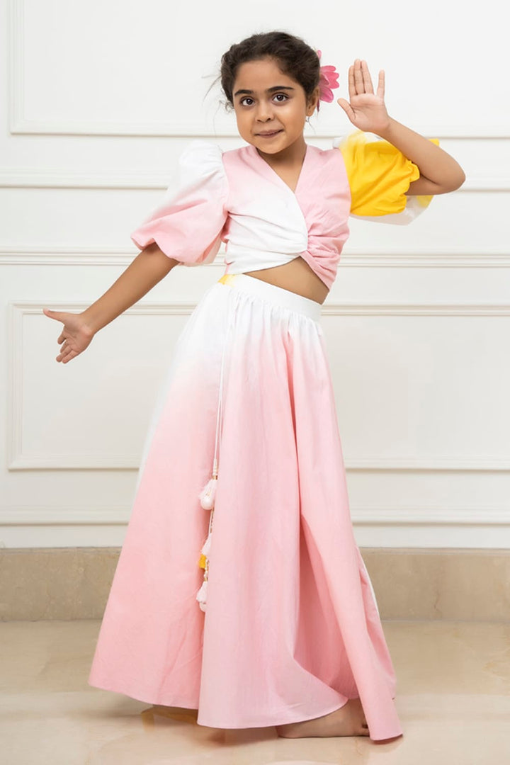 Two Colour Shaded Crop Top & Long Skirt Set – Green Top & Skirt Set for Girls | PNK – Isha Arora India